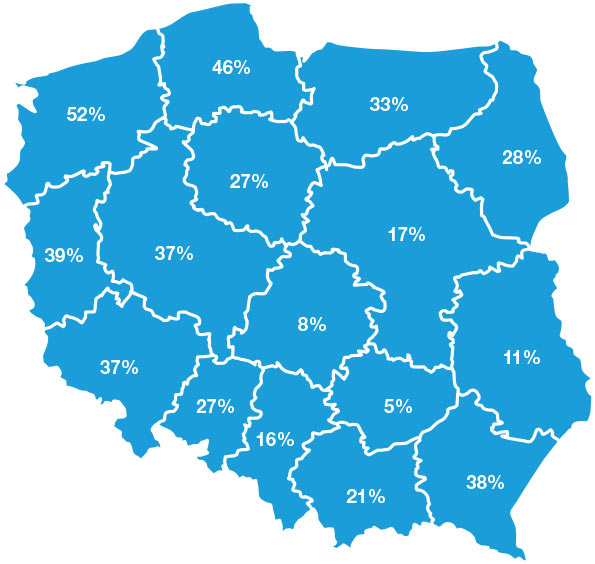 % rejonów kodowych pozamiejskich bez aptek w podziale na województwa. źródło - PASMI